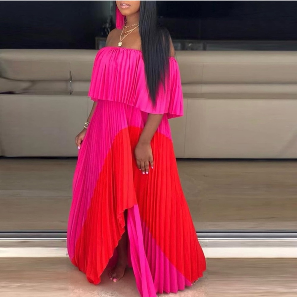 IyMoo Chiffon Sundress Off Shoulder Ombre Tie Dye Maxi Dress